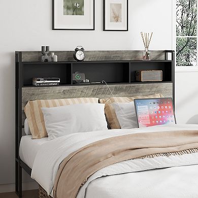 Pnronnc Bed Frame with Headboard Storage Shelf and Charging Station Metal Slats Support