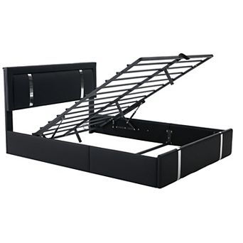 Pnronnc Hydraulic Lift Up Storage Bed Frame with LED & Charging Station Upholstered Bed