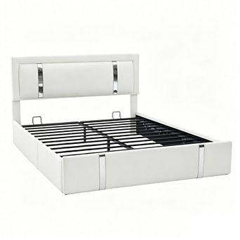 Pnronnc Hydraulic Lift Up Storage Bed Frame with LED & Charging Station Upholstered Bed