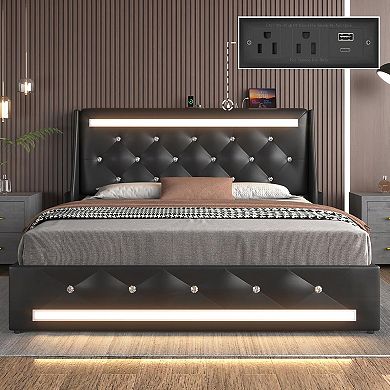 Pnronnc Upholstered Platform Bed Frame with Charging Station LED Tufted Headboard