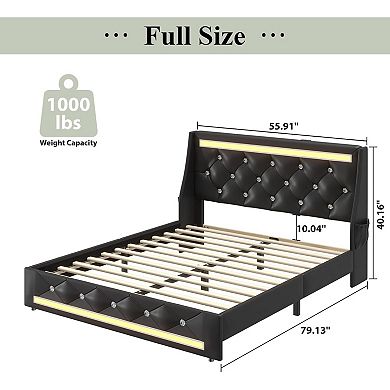 Pnronnc Upholstered Platform Bed Frame with Charging Station LED Tufted Headboard