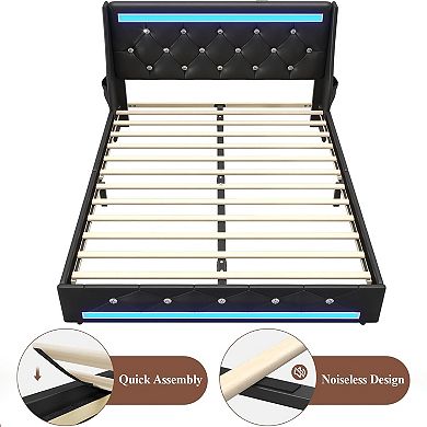 Pnronnc Upholstered Platform Bed Frame with Charging Station LED Tufted Headboard