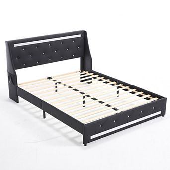 Pnronnc Upholstered Platform Bed Frame with Charging Station LED Tufted Headboard
