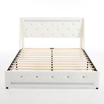 Pnronnc Upholstered Platform Bed Frame with Charging Station LED Tufted Headboard