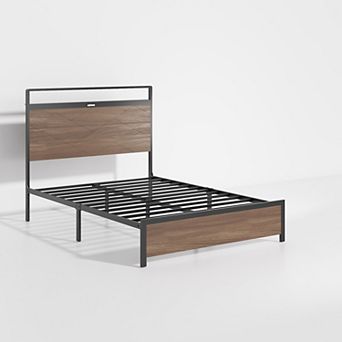 Pnronnc Metal Platform Bed Frame with Wood Headboard Footboard, LED Lights, USB Ports