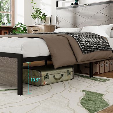 Pnronnc Metal Platform Bed Frame with Wood Headboard Footboard, LED Lights, USB Ports