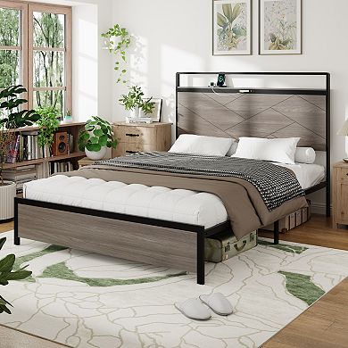 Pnronnc Metal Platform Bed Frame with Wood Headboard Footboard, LED Lights, USB Ports
