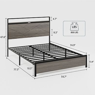 Pnronnc Metal Platform Bed Frame with Wood Headboard Footboard, LED Lights, USB Ports
