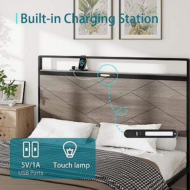 Pnronnc Metal Platform Bed Frame with Wood Headboard Footboard, LED Lights, USB Ports