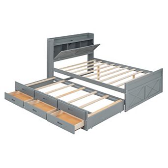Pnronnc Wooden Bed Frame with Storage Headboard, Charging Station, Twin Trundle & 3 Storage Drawers
