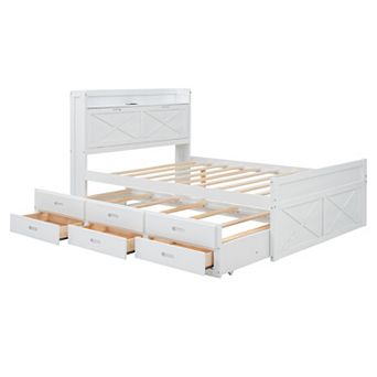 Pnronnc Wooden Bed Frame with Storage Headboard, Charging Station, Twin Trundle & 3 Storage Drawers