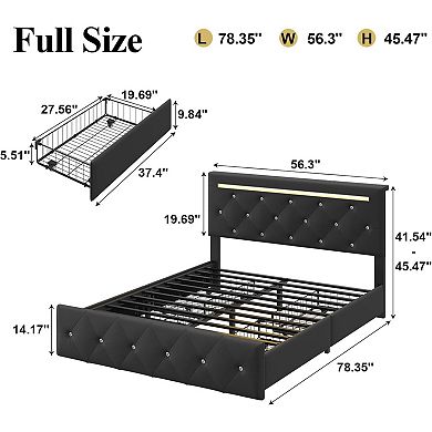 Pnronnc Upholstered Platform Bed Frame 4 Drawers LED Charging Station Tufted Headboard