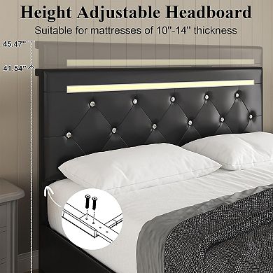 Pnronnc Upholstered Platform Bed Frame 4 Drawers LED Charging Station Tufted Headboard
