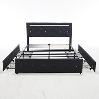 Pnronnc Upholstered Platform Bed Frame 4 Drawers LED Charging Station Tufted Headboard