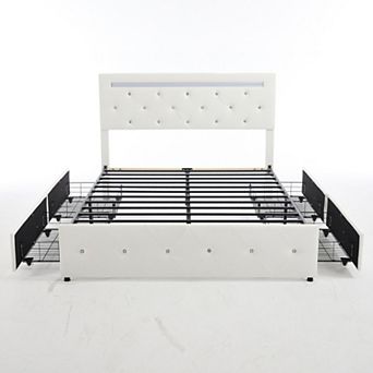 Pnronnc Upholstered Platform Bed Frame 4 Drawers LED Charging Station Tufted Headboard