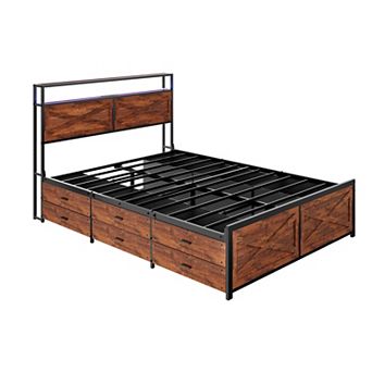 Pnronnc Queen Metal Bed Frame with LED Charging Station 2 tier Storage Headboard 12 Drawers