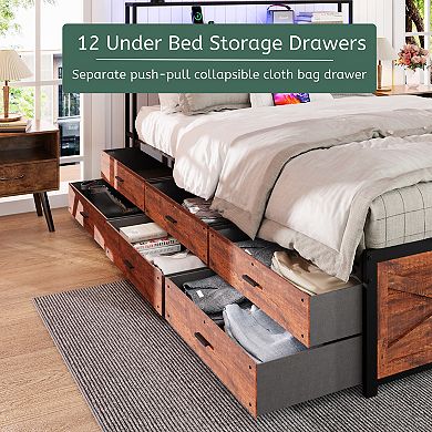 Pnronnc Queen Metal Bed Frame with LED Charging Station 2-Tier Storage Headboard 12 Drawers