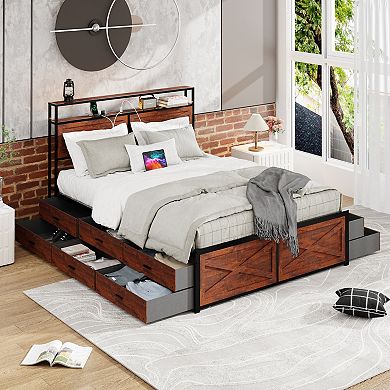 Pnronnc Queen Metal Bed Frame with LED Charging Station 2-Tier Storage Headboard 12 Drawers