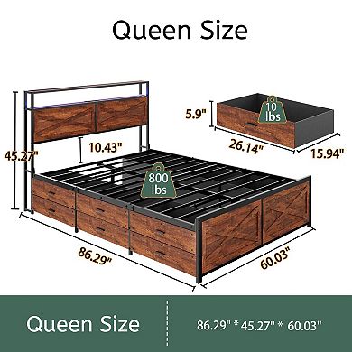 Pnronnc Queen Metal Bed Frame with LED Charging Station 2-Tier Storage Headboard 12 Drawers