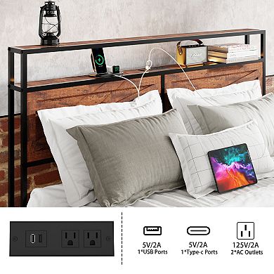 Pnronnc Queen Metal Bed Frame with LED Charging Station 2-Tier Storage Headboard 12 Drawers