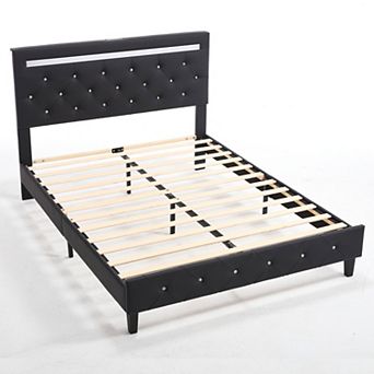 Pnronnc Upholstered Queen Platform Bed Frame LED Charging Station Adjustable Headboard