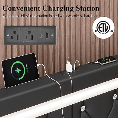 Pnronnc Upholstered Queen Platform Bed Frame LED Charging Station Adjustable Headboard