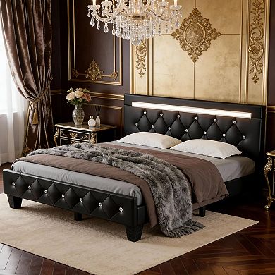 Pnronnc Upholstered Queen Platform Bed Frame LED Charging Station Adjustable Headboard