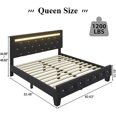 Pnronnc Upholstered Queen Platform Bed Frame LED Charging Station Adjustable Headboard