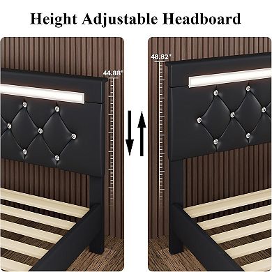 Pnronnc Upholstered Queen Platform Bed Frame LED Charging Station Adjustable Headboard