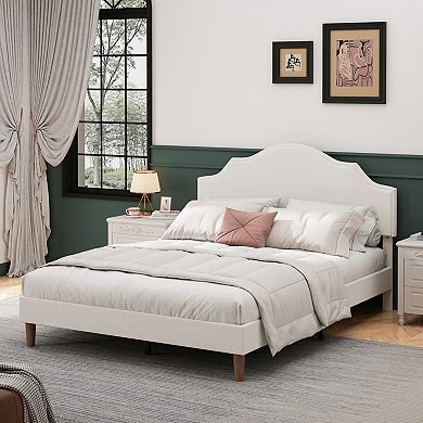 Pnronnc Upholstered Platform Bed Frame Adjustable Height Headboard Linen Fabric Wood Slat Support