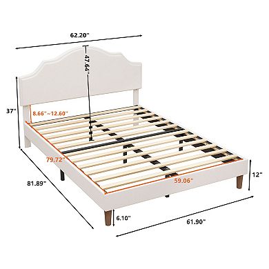 Pnronnc Upholstered Platform Bed Frame Adjustable Height Headboard Linen Fabric Wood Slat Support