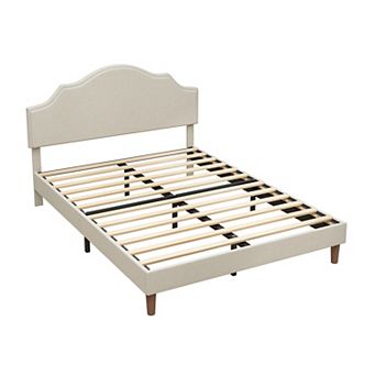Pnronnc Upholstered Platform Bed Frame Adjustable Height Headboard Linen Fabric Wood Slat Support