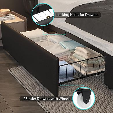 Pnronnc Upholstered Bed Frame LED Charging Station Wingback Headboard 2 Storage Drawers