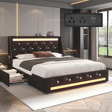 Pnronnc Upholstered Bed Frame LED Charging Station Wingback Headboard 2 Storage Drawers