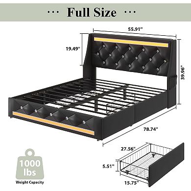 Pnronnc Upholstered Bed Frame LED Charging Station Wingback Headboard 2 Storage Drawers