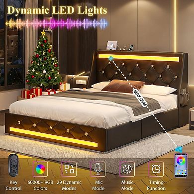 Pnronnc Upholstered Bed Frame LED Charging Station Wingback Headboard 2 Storage Drawers