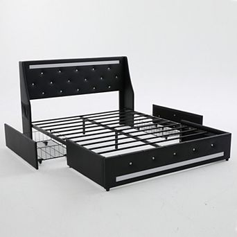 Pnronnc Upholstered Bed Frame LED Charging Station Wingback Headboard 2 Storage Drawers