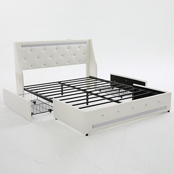 Pnronnc Upholstered Bed Frame LED Charging Station Wingback Headboard 2 Storage Drawers