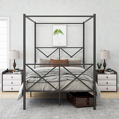 Pnronnc Metal Canopy Bed Frame with X Shape Headboard and Footboard Metal Slats Platform Bed