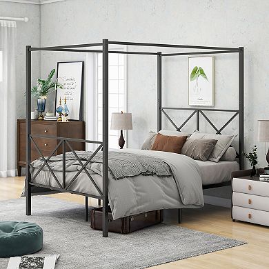 Pnronnc Metal Canopy Bed Frame with X Shape Headboard and Footboard Metal Slats Platform Bed