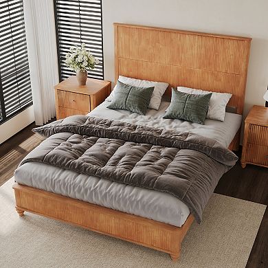 Pnronnc Wood Platform Bed Frame with Vertical Grain Tall Headboard Wood Slat Support