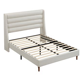 Pnronnc Chenille Upholstered Platform Bed Frame Wingback High Headboard Bed Wave-Shaped Design