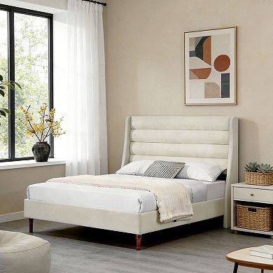 Pnronnc Chenille Upholstered Platform Bed Frame Wingback High Headboard Bed Wave-Shaped Design