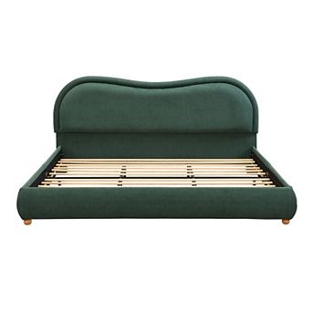 Pnronnc Upholstered Platform Bed Frame, Curved Headboard, Chenille Fabric, Solid Oak Legs