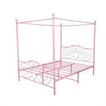 Pnronnc Metal Queen Canopy Platform Bed Frame, Vintage Headboard and Footboard, Metal Slats Support