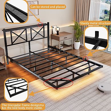 Pnronnc Metal Floating Platform Bed Frame with LED Charging Station Storage Headboard