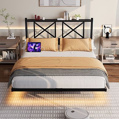 Pnronnc Metal Floating Platform Bed Frame with LED Charging Station Storage Headboard