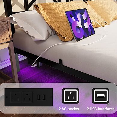 Pnronnc Metal Floating Platform Bed Frame with LED Charging Station Storage Headboard