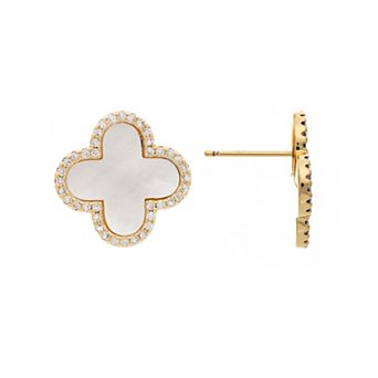 Rivka Friedman 18K Gold Plated Mother of Pearl and CZ Flower Station Stud Earrings