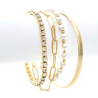 Rivka Friedman 18K Gold Plated Mixed Gold, Pearl + Cubic Zirconia 4 Bracelet Set